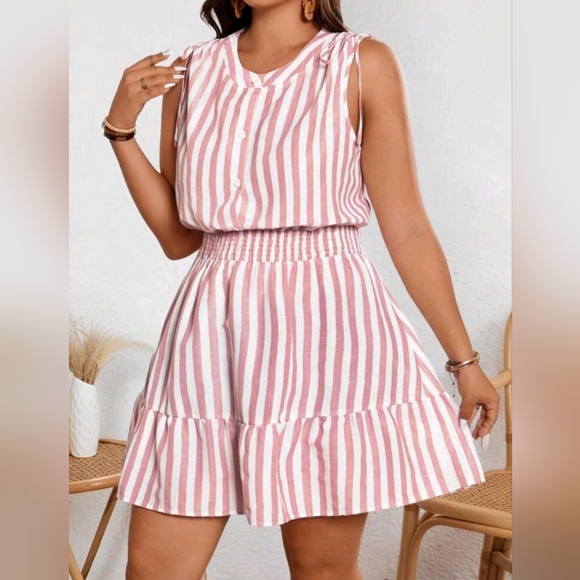 New Cabana Stripe Tie Shoulder Ruffle Short Dress PLUS Pink White - Picture 1 of 7